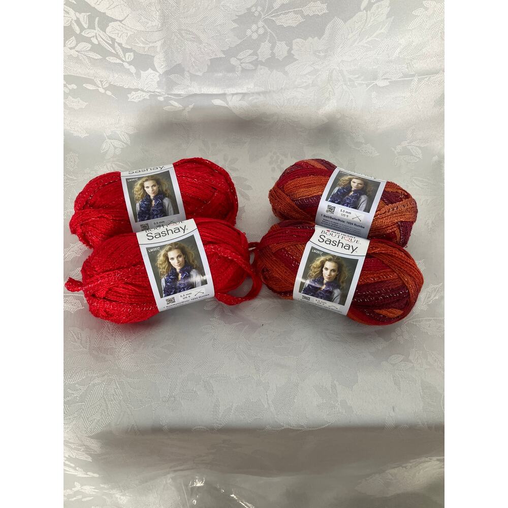 Lot of 4 Red Heart Boutique Sashay Yarn Skeins Red and Salsa Purple 5.5mm US 9